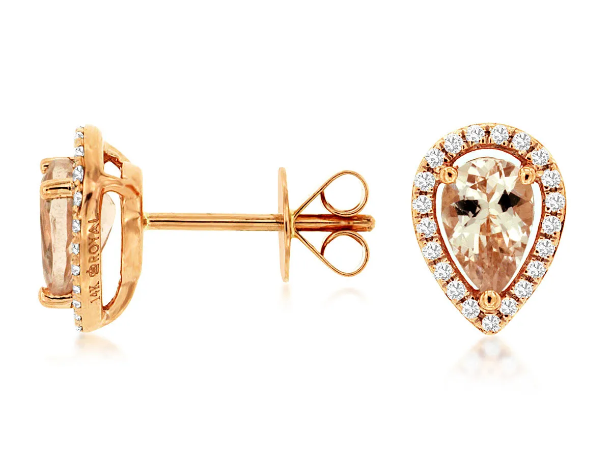 14K Rose Gold Morganite and Diamond Halo Stud Earrings