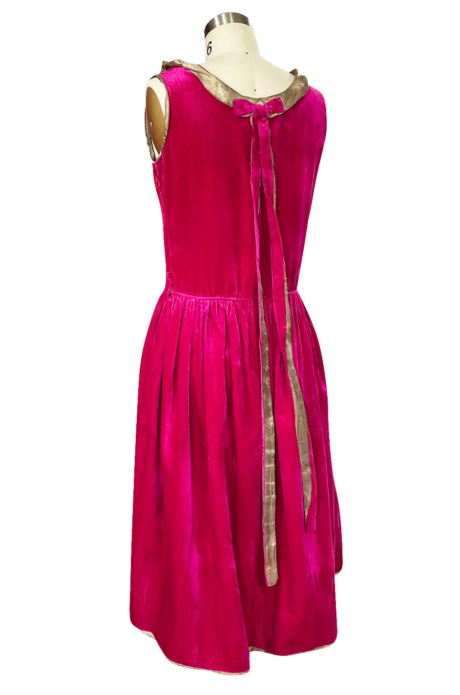 1920s Deep Fuchsia Pink Velvet Dress w Gold Lame Flowers & Trim