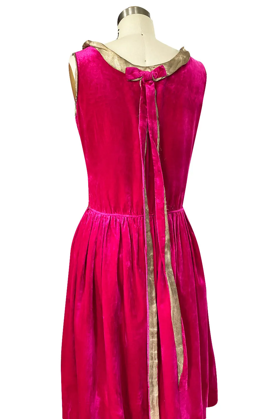 1920s Deep Fuchsia Pink Velvet Dress w Gold Lame Flowers & Trim