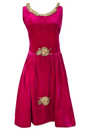 1920s Deep Fuchsia Pink Velvet Dress w Gold Lame Flowers & Trim