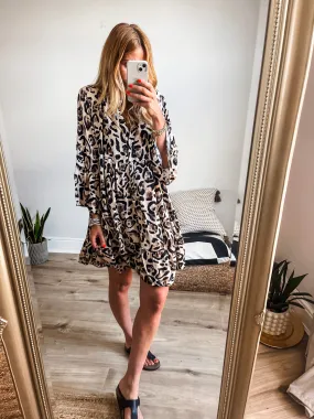 Abstract Leopard Print Tiered Mini Smock Dress