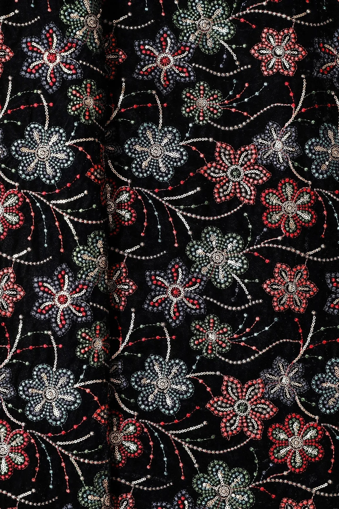 Beautiful Multi Color Thread With Sequins Floral Embroidery Work On Black Velvet Fabric