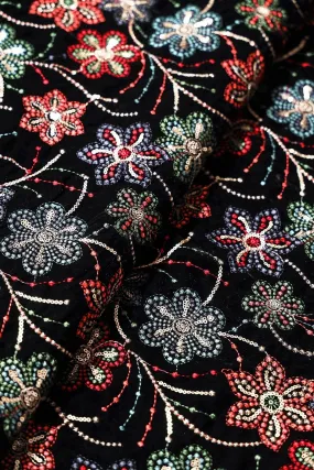 Beautiful Multi Color Thread With Sequins Floral Embroidery Work On Black Velvet Fabric