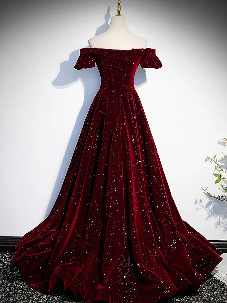 Burgundy Shiny Velvet A-Line Off Shoulder Long Prom Dress Formal Party Dress,DP502