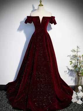 Burgundy Shiny Velvet A-Line Off Shoulder Long Prom Dress Formal Party Dress,DP502