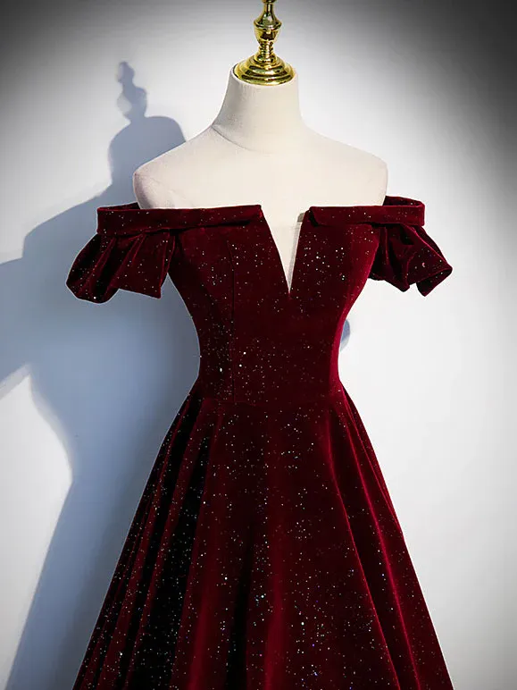 Burgundy Shiny Velvet A-Line Off Shoulder Long Prom Dress Formal Party Dress,DP502