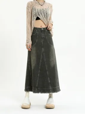 Distressed Hem Faded Denim Midi Skirt