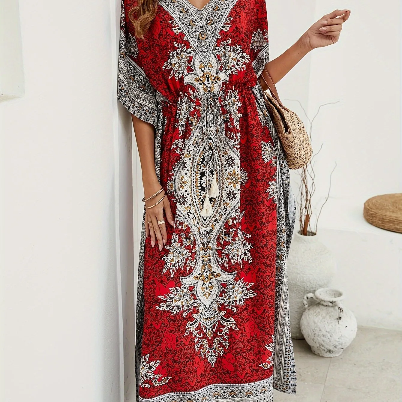 Floral Print V Neck Side Split Cover Up Dress, Batwing Sleeve Boho Maxi Beach Kaftan