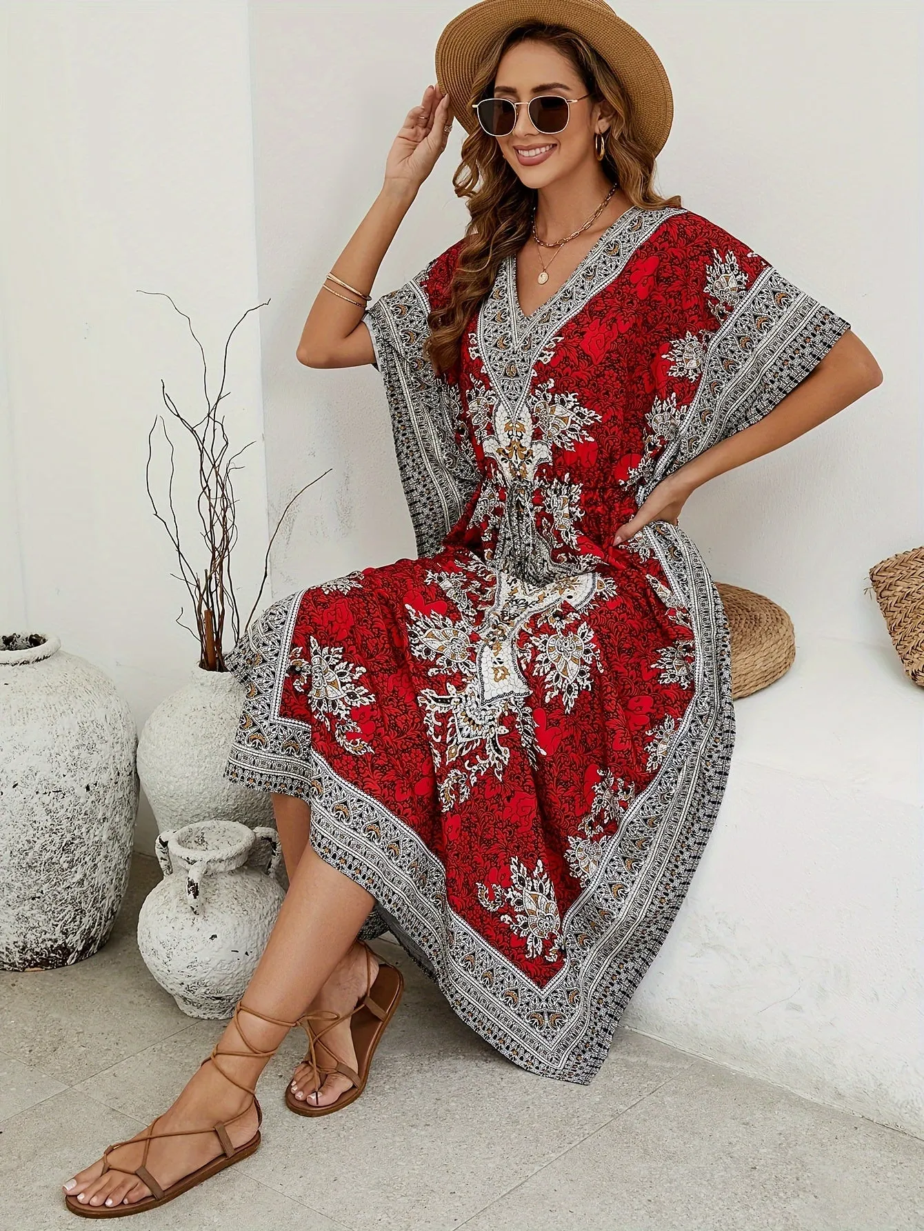 Floral Print V Neck Side Split Cover Up Dress, Batwing Sleeve Boho Maxi Beach Kaftan