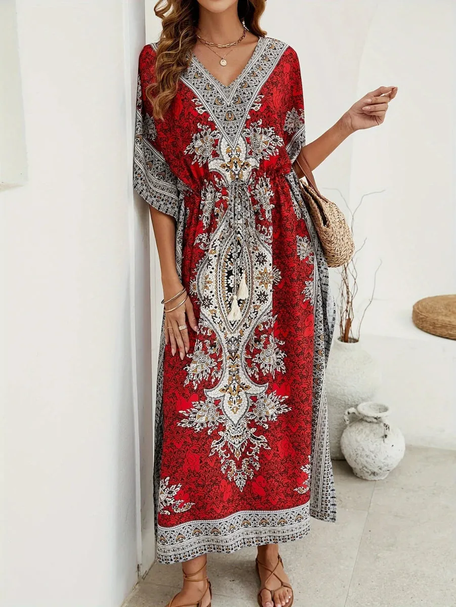 Floral Print V Neck Side Split Cover Up Dress, Batwing Sleeve Boho Maxi Beach Kaftan