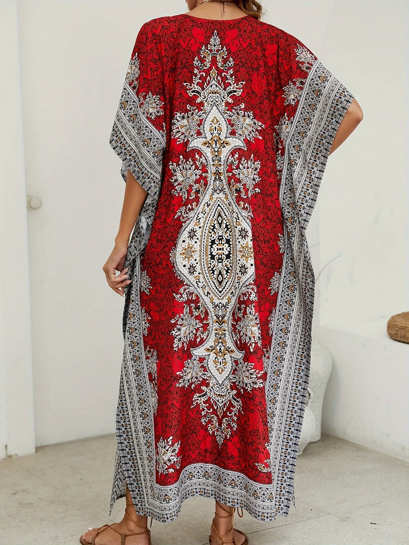 Floral Print V Neck Side Split Cover Up Dress, Batwing Sleeve Boho Maxi Beach Kaftan