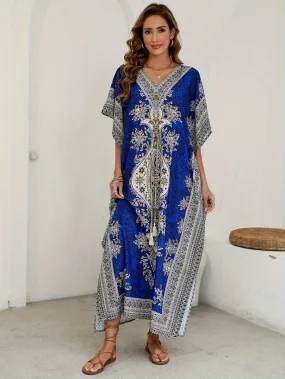 Floral Print V Neck Side Split Cover Up Dress, Batwing Sleeve Boho Maxi Beach Kaftan