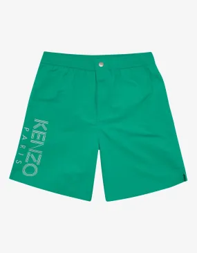 Green Logo Print Long Swim Shorts -