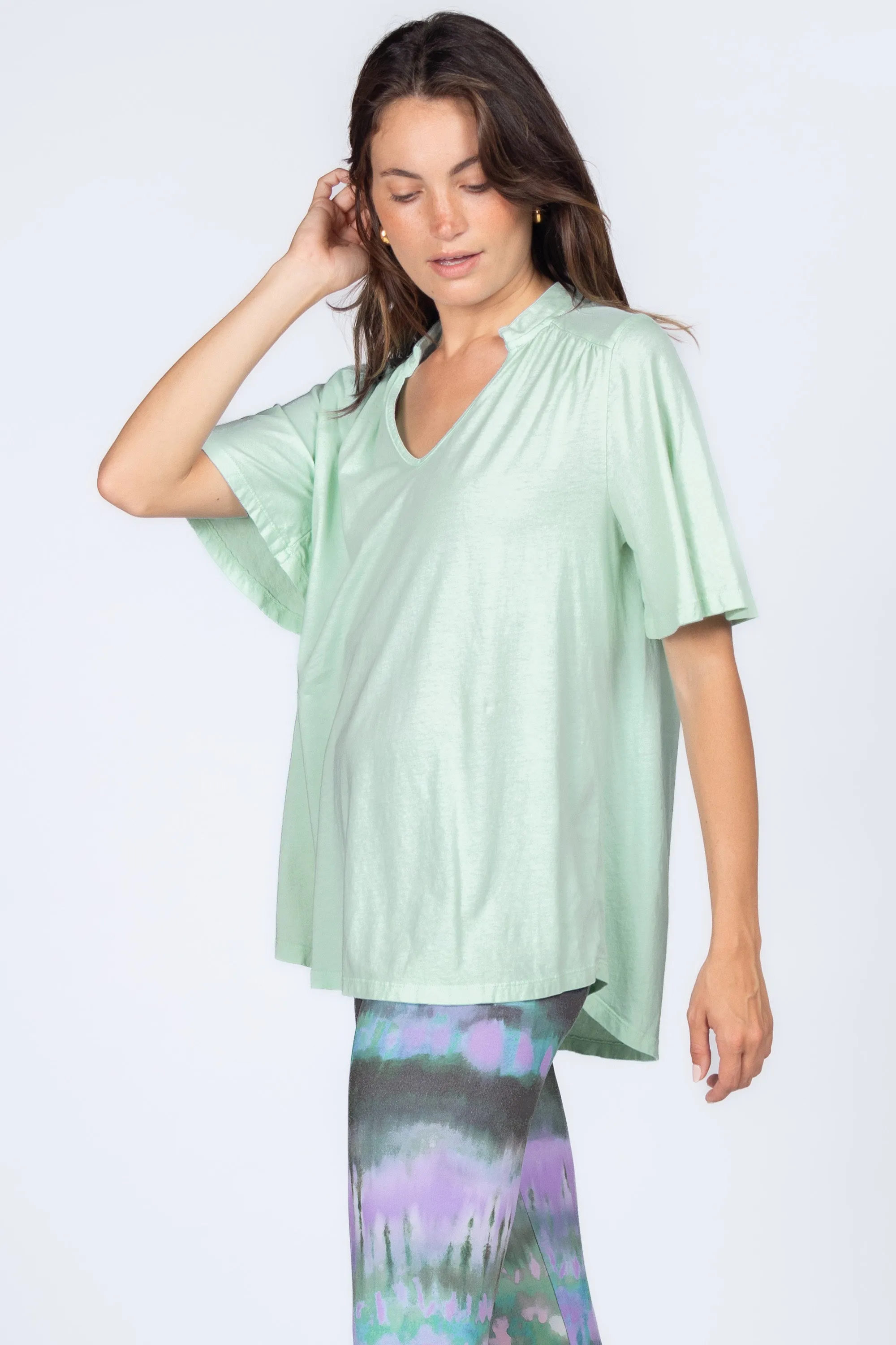 Mandarin V-Neck with Flared Short Sleeves