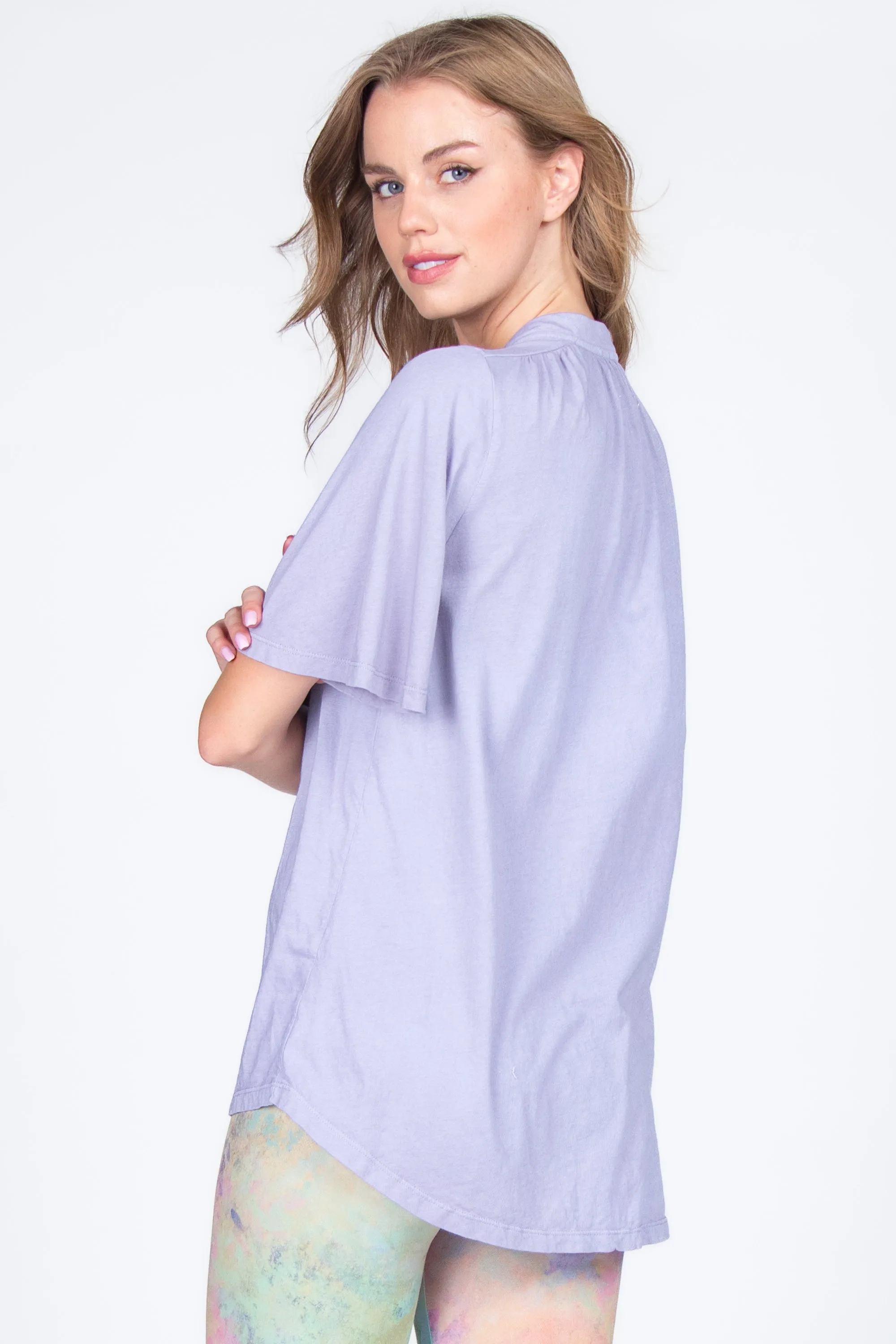 Mandarin V-Neck with Flared Short Sleeves