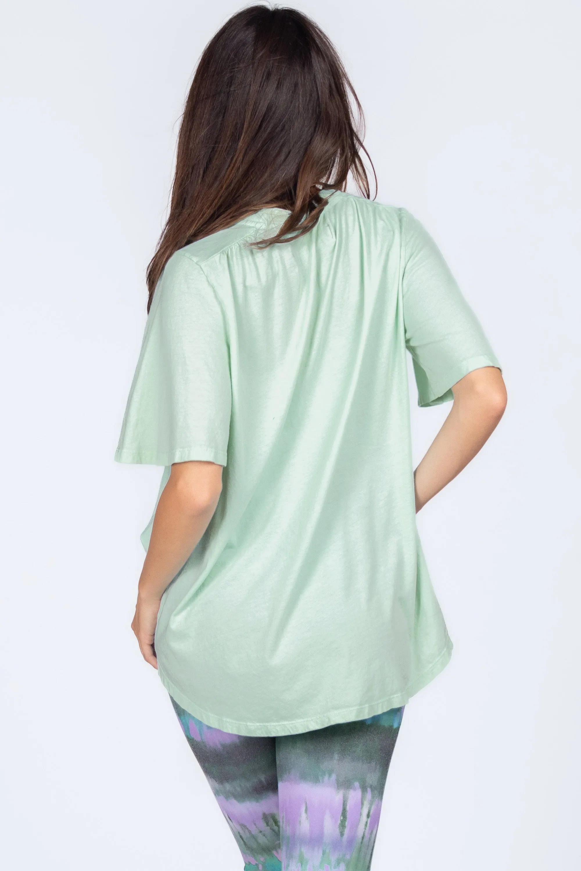 Mandarin V-Neck with Flared Short Sleeves