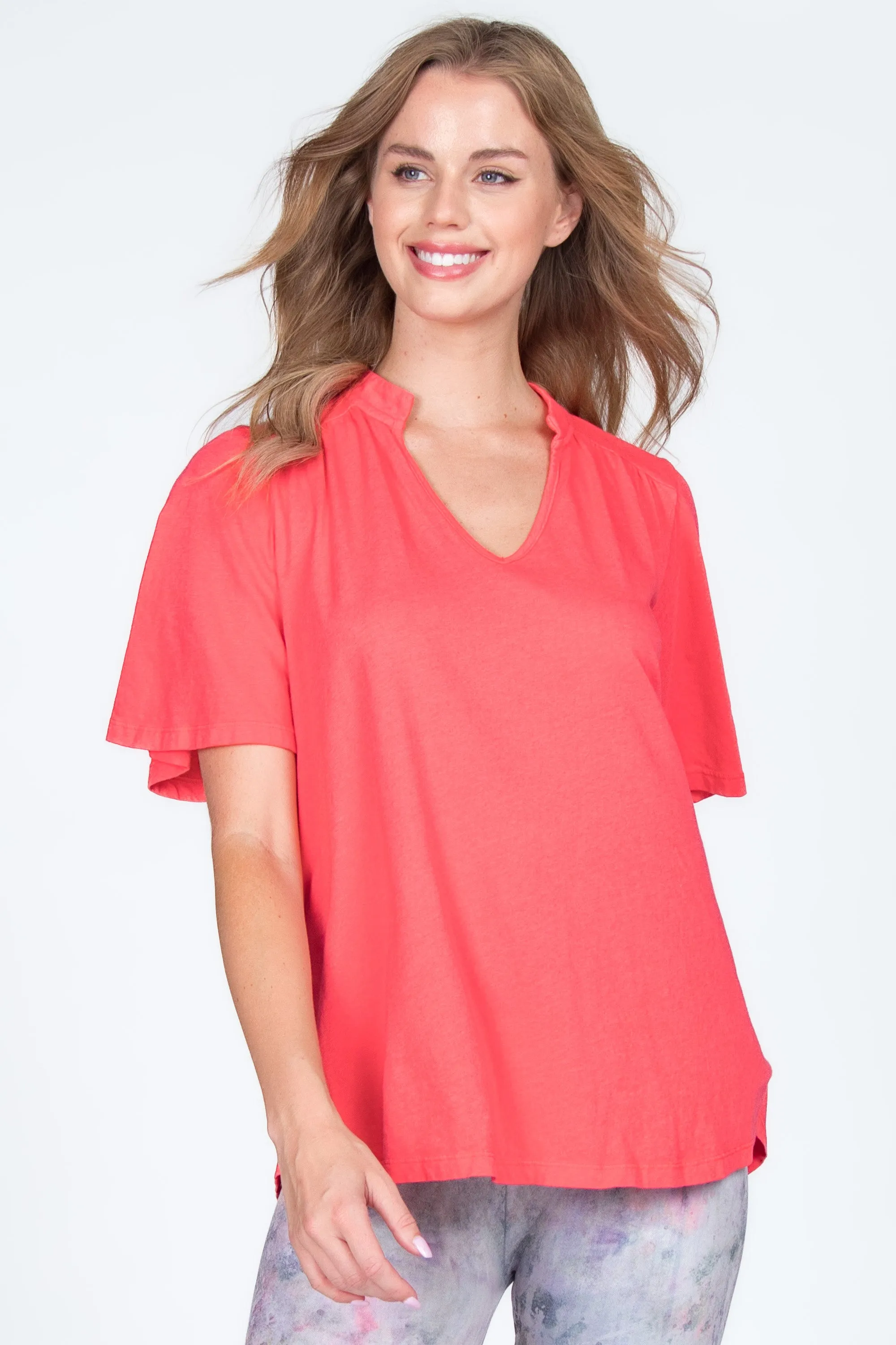 Mandarin V-Neck with Flared Short Sleeves