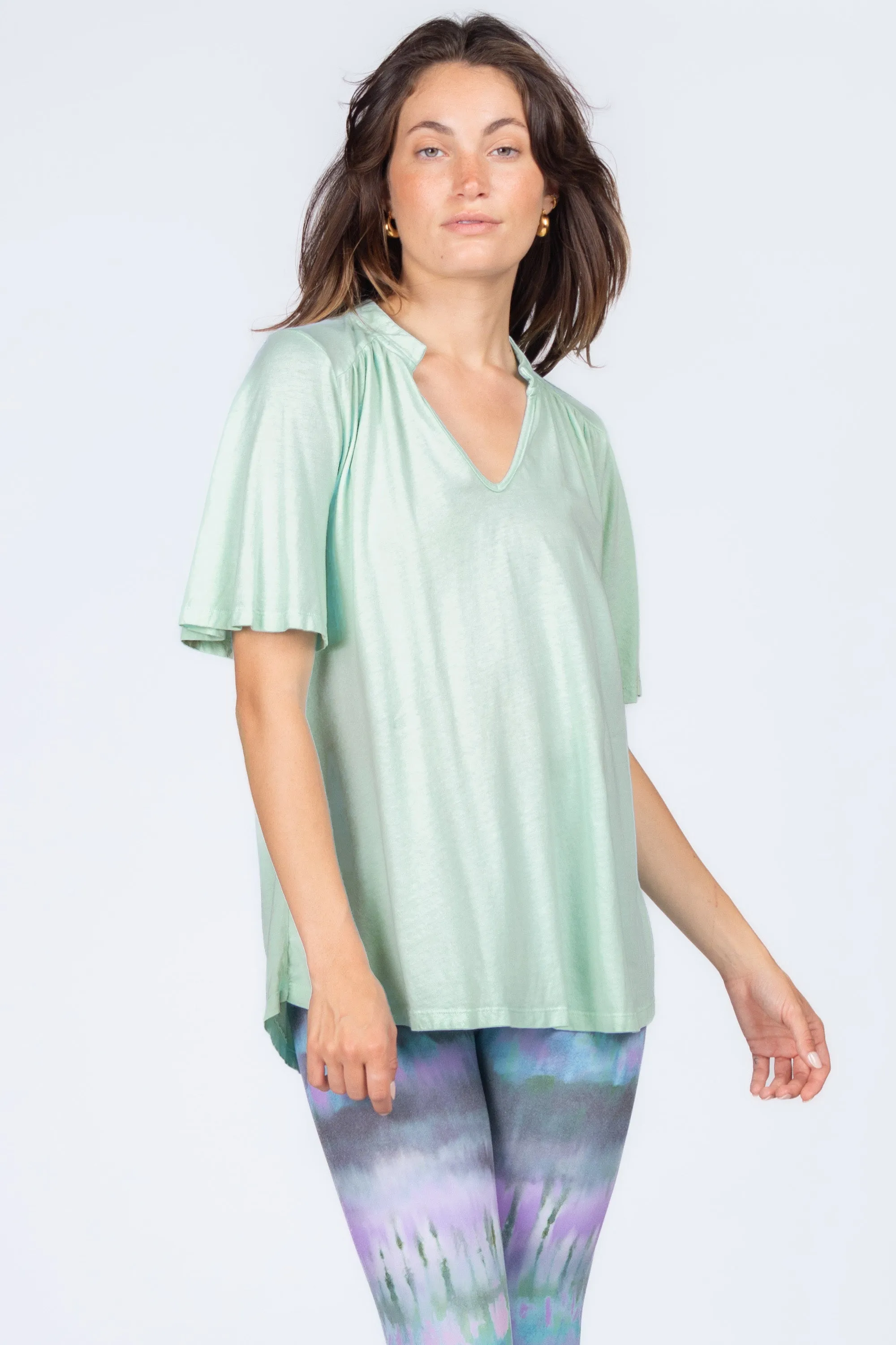 Mandarin V-Neck with Flared Short Sleeves