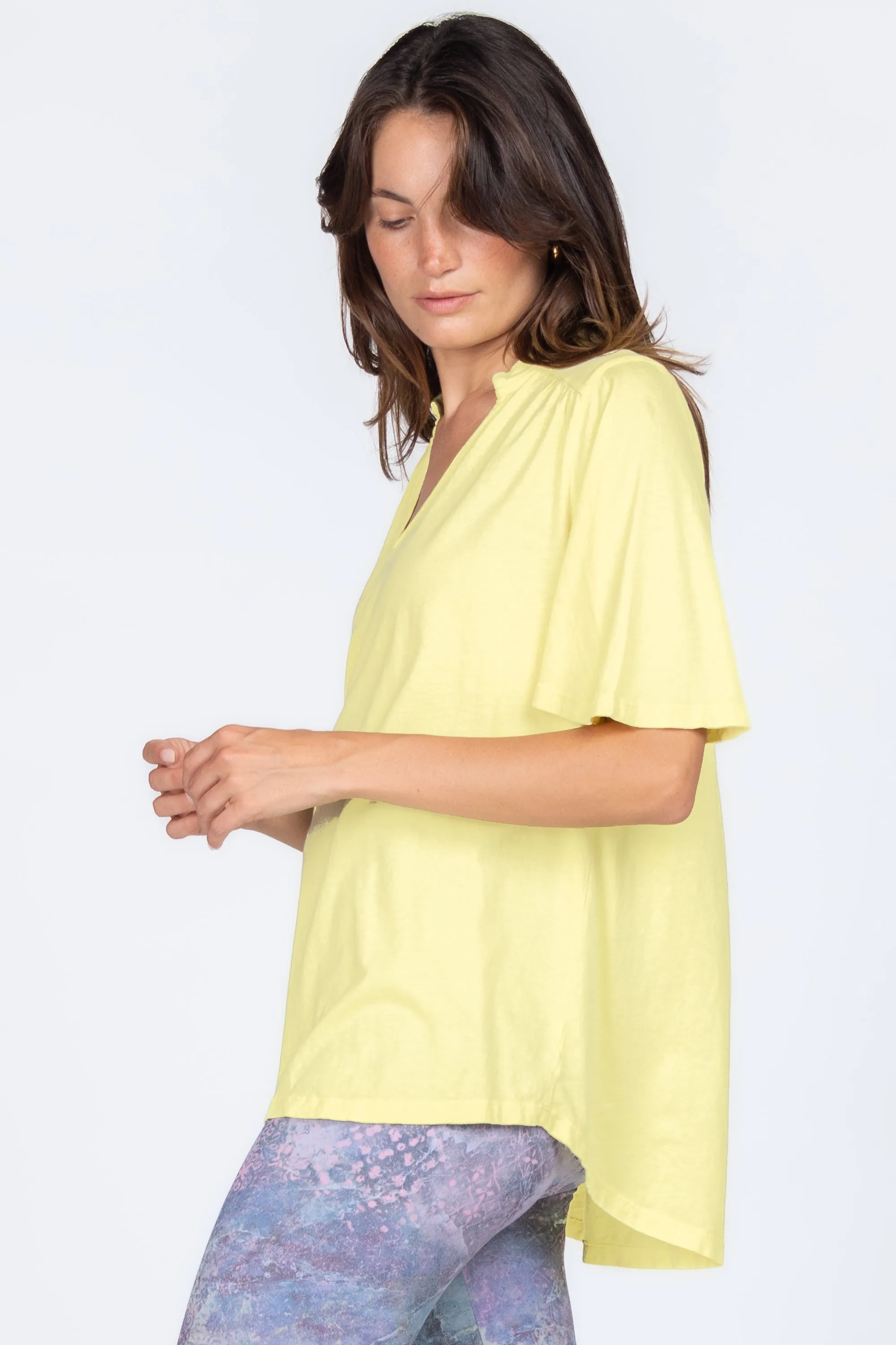 Mandarin V-Neck with Flared Short Sleeves