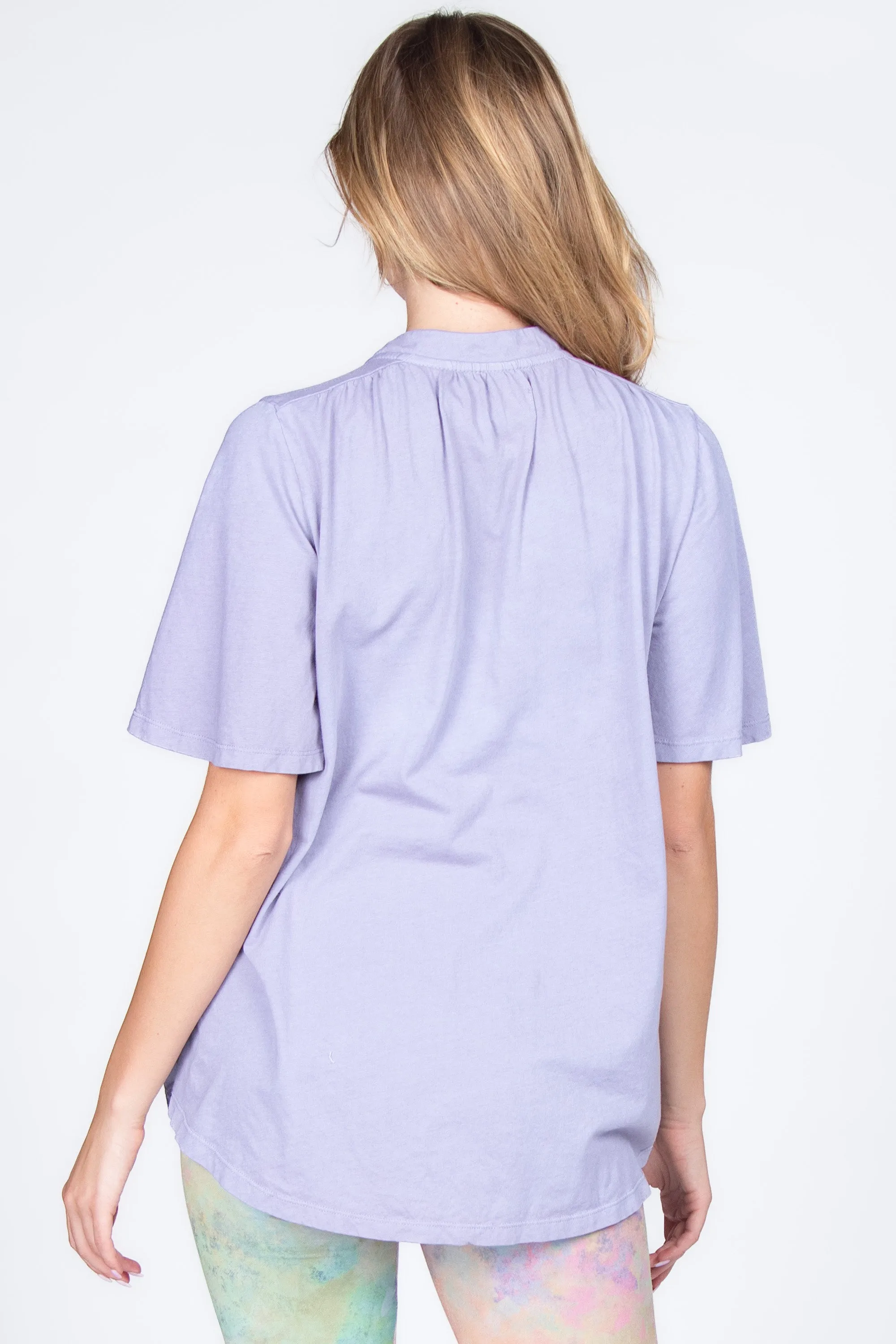 Mandarin V-Neck with Flared Short Sleeves