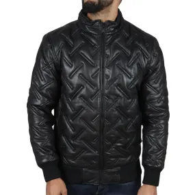 Men's Puffer Quilted Bomber Jacket Real Leather Casual