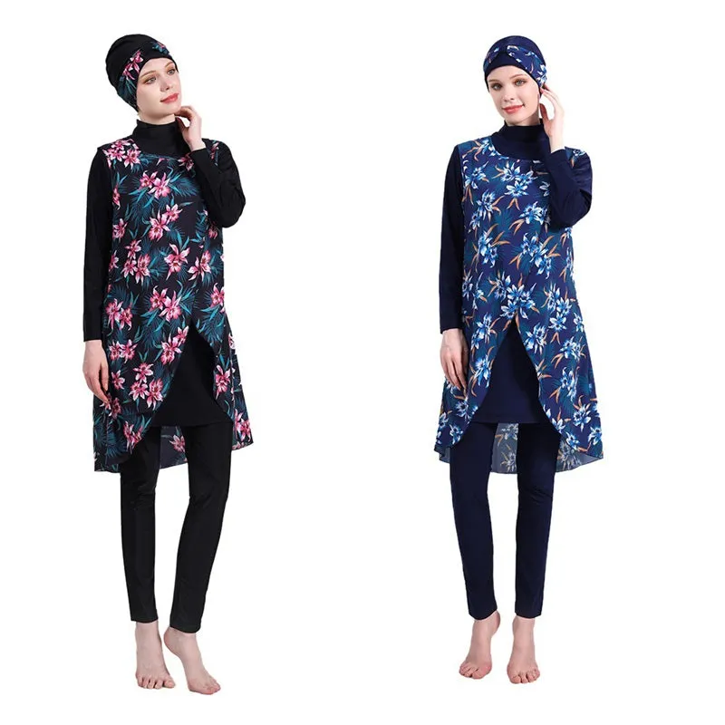 Modest Printed Four Pieces Set Burkini Muslim Swimsuit Swimwear