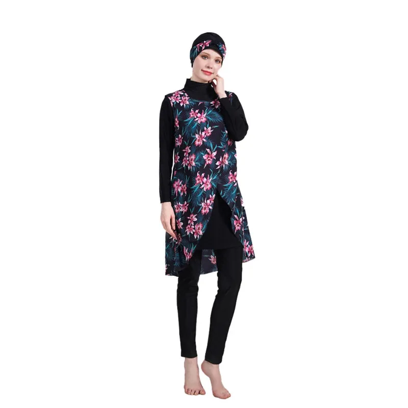 Modest Printed Four Pieces Set Burkini Muslim Swimsuit Swimwear