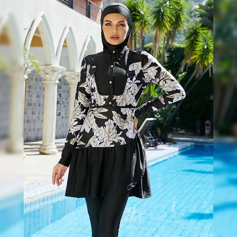 Muslim Women Swimwear Burkinis Floral Printed Halal Swimsuit 3 Pieces Set