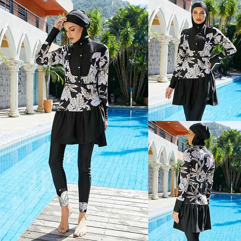 Muslim Women Swimwear Burkinis Floral Printed Halal Swimsuit 3 Pieces Set