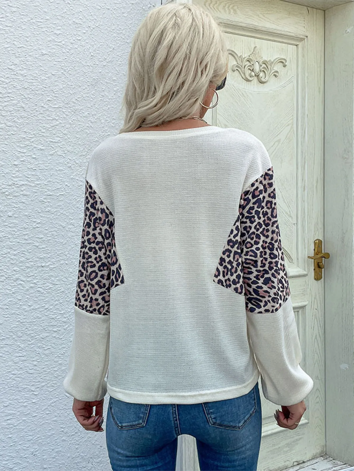 Perfee Leopard Color Block Waffle Knit Top